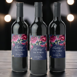 Etiqueta Para Botella De Vino Boda personalizado de rosas azul marino de color r
