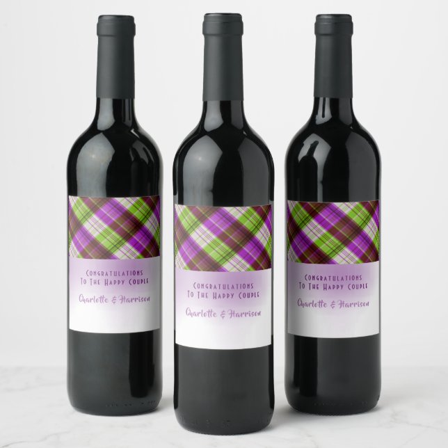 Etiqueta Para Botella De Vino Boda Púrpura Verde Tartán Plaid (Botellas)