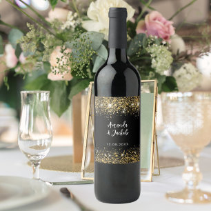 Etiqueta Para Botella De Vino Boda purpurina de oro negro
