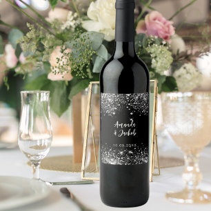 Etiqueta Para Botella De Vino Boda purpurina de plata negra