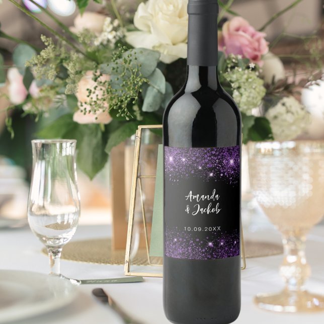 Etiqueta Para Botella De Vino Boda purpurina morado negro (Subido por el creador)
