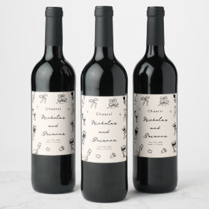 Etiqueta Para Botella De Vino Boda quirky de mano negra dibujado