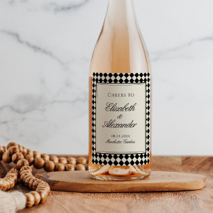 Etiqueta Para Botella De Vino Boda Retro de Diamantes a Cuadros con Dinero Antig