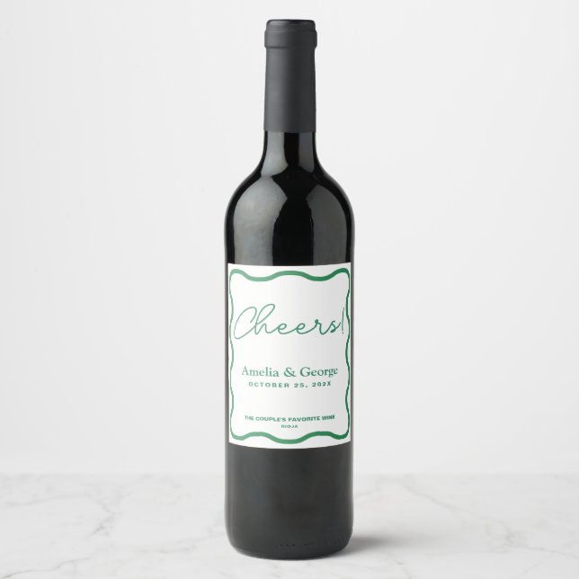 Etiqueta Para Botella De Vino Boda retro ondulado verde (Anverso)