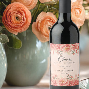 Etiqueta Para Botella De Vino Boda Romántica Vintage Rosas Coral
