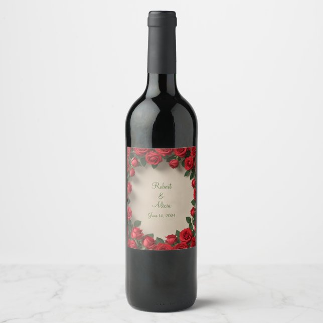 Etiqueta Para Botella De Vino Boda Rosa Roja (Anverso)