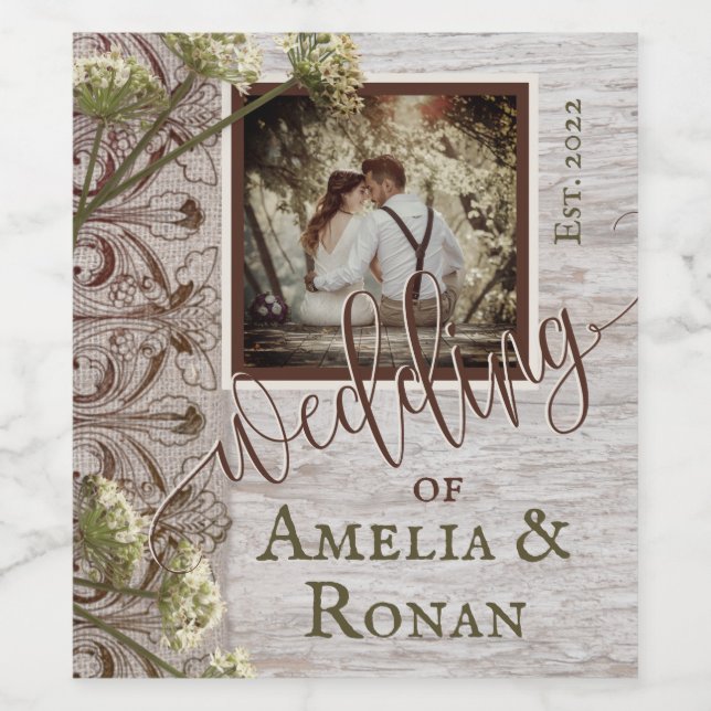 Etiqueta Para Botella De Vino Boda Rustic Wood and Burlap (Etiqueta única)