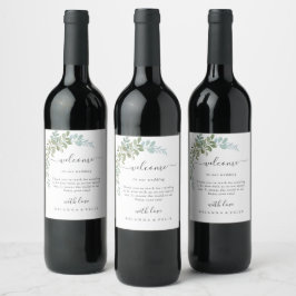 Etiqueta Para Botella De Vino Boda Rústica Acuarela de Eucalipto Verde Suave