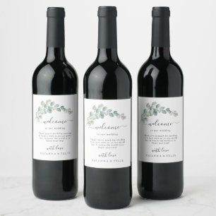 Etiqueta Para Botella De Vino Boda rústica con acuarela de vegetación de eucalip