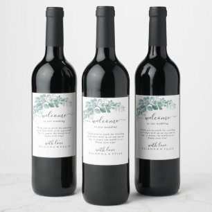 Etiqueta Para Botella De Vino Boda rústica de acuarela con vegetación de eucalip