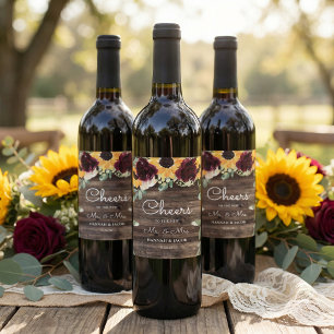 Etiqueta Para Botella De Vino Boda Rústica de Madera con Girasoles y Rosas