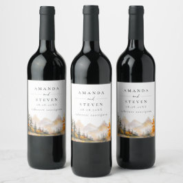 Etiqueta Para Botella De Vino Boda Rústica de Otoño en Bosque de Pinos de Montañ