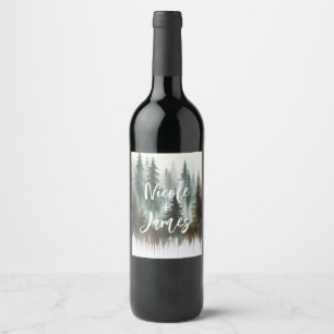 Etiqueta Para Botella De Vino Boda rústica en el bosque con árboles de acuarela