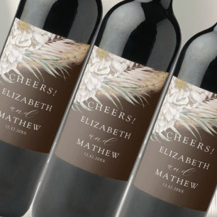 Etiqueta Para Botella De Vino Boda Rústica Marrón Pampas y Floral