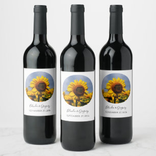 Etiqueta Para Botella De Vino Boda Rústico del cielo azul girasol