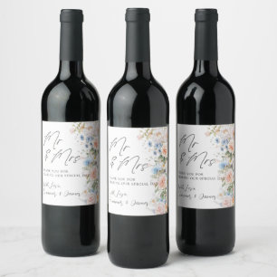 Etiqueta Para Botella De Vino Boda Sr y Sra Floral Azul Blanco Pastel Rosado