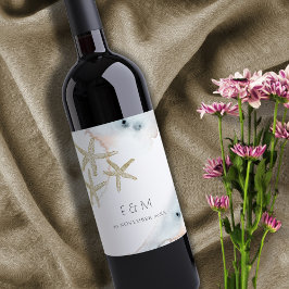 ETIQUETA PARA BOTELLA DE VINO BODA STARFISH MONOGRAM DE LA PLAYA AZUL DOBLE DE O