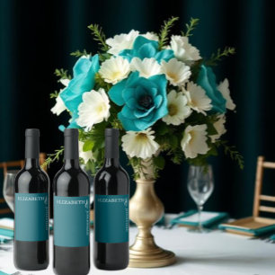 Etiqueta Para Botella De Vino Boda tipografía moderna azul turquesa oscuro