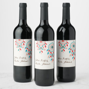 Etiqueta Para Botella De Vino Boda tribal boho con atrapasueños de plumas