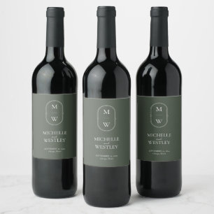 Etiqueta Para Botella De Vino Boda verde de Monograma minimalista Moss