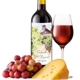 Etiqueta Para Botella De Vino Boda Vineyard y Red Barn Watercolor