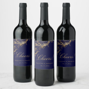 Etiqueta Para Botella De Vino Boda Vintage Blue Gold Floral Damask