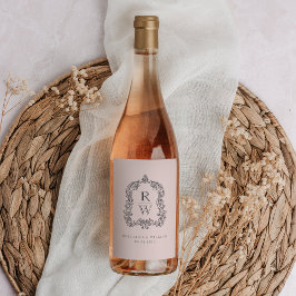 Etiqueta Para Botella De Vino Boda Vintage Monograma Cresta Nombres Rosa Rubor