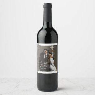 Etiqueta Para Botella De Vino Boda Vintage Script Foto Personalizada de Boda