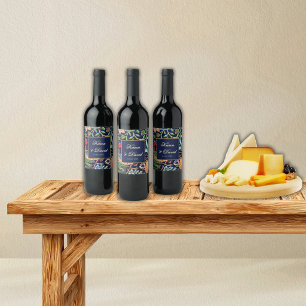 Etiqueta Para Botella De Vino Boda William Morris Deep Blue Arte Deco Moderno