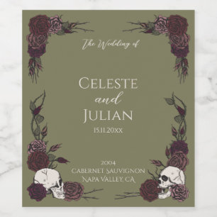 Etiqueta Para Botella De Vino Bodas Góticas de Cráneos y Rosas Verde Oliva