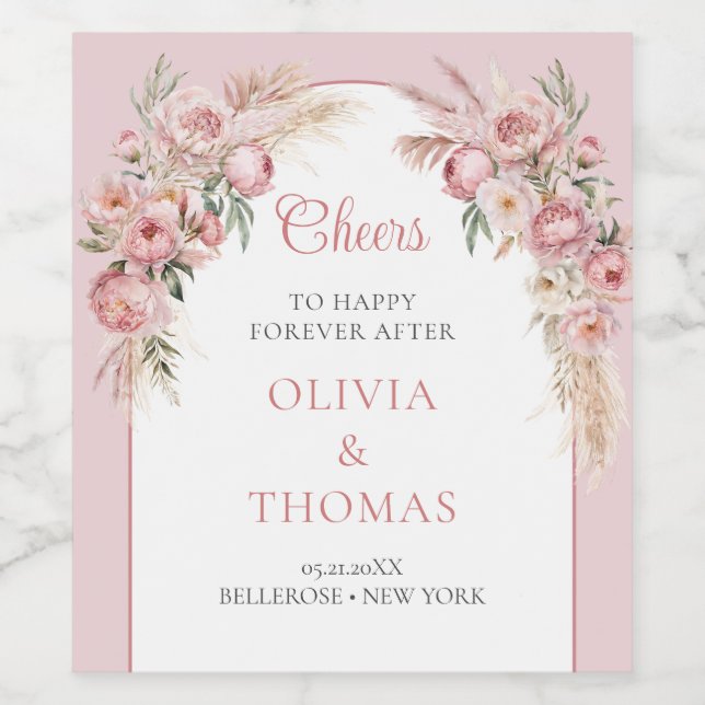 Etiqueta Para Botella De Vino Boho arch blush peonies pampas pasto eucalipto (Etiqueta única)
