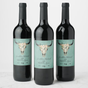 Etiqueta Para Botella De Vino Boho Floral Cow Skull en Boda turquesa