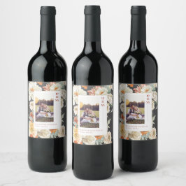 Etiqueta Para Botella De Vino Boho Floral Oscuro | Fotografía de Boda con Monogr