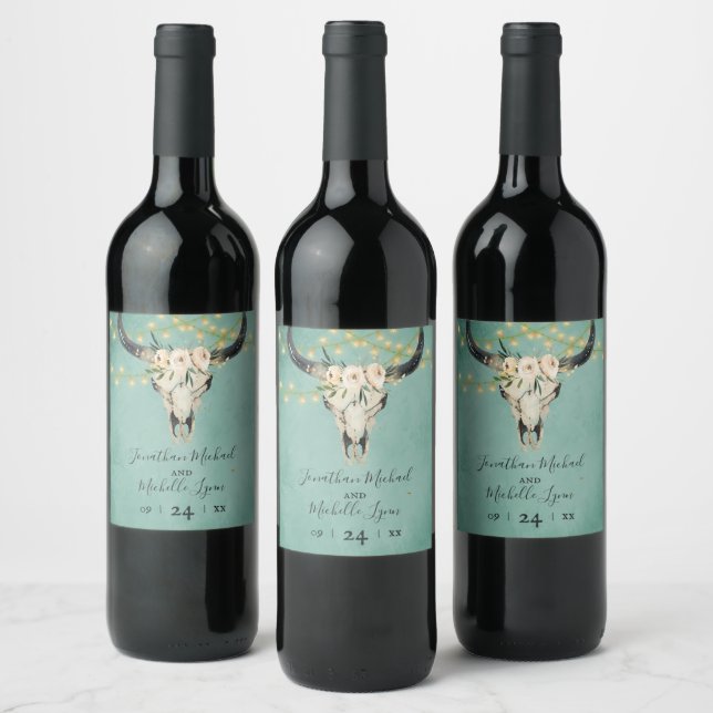 Etiqueta Para Botella De Vino Boho Floral Skull, String Light Turquoise Boda (Botellas)