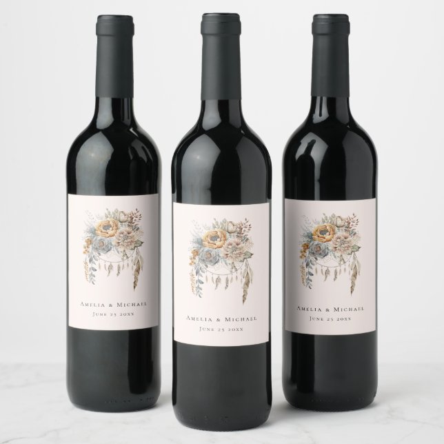 Etiqueta Para Botella De Vino Boho Flowers y Dreamcatcher - Boda (Botellas)