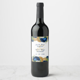 Etiqueta Para Botella De Vino Boho Gold Rosas de la Marina Azul