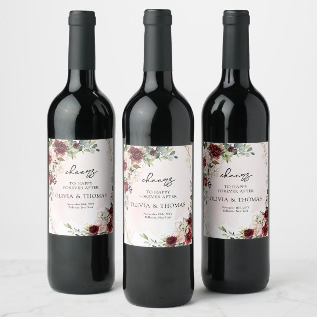 Etiqueta Para Botella De Vino Boho moderno burgundy floral de oro geométrico (Botellas)