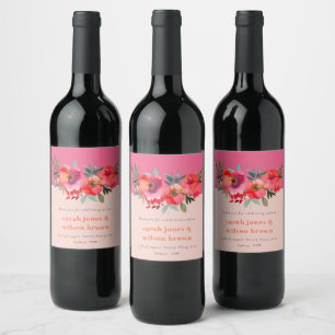Etiqueta Para Botella De Vino Boho Naranja rosa caliente acuarela Boda floral