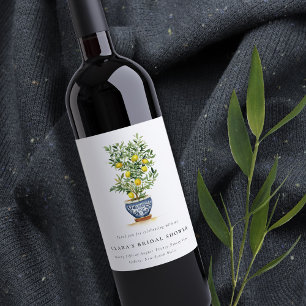 Etiqueta Para Botella De Vino Boho Watercolor Árbol de limón amarillo Ducha de n