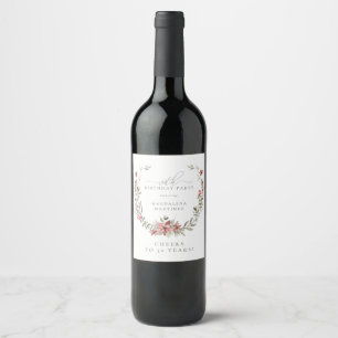 Etiqueta Para Botella De Vino Boho Winter Greenery Red Floral 30 cumpleaños