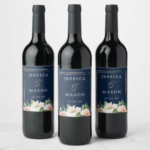 Etiqueta Para Botella De Vino Bolsas de botellas de Boda Rubor de oro azul de la