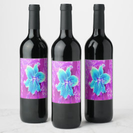 Etiqueta Para Botella De Vino Bonito Aqua Blue Stargazer Lily sobre el morado