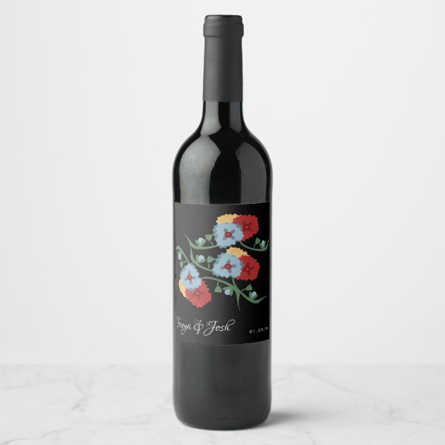 Etiqueta Para Botella De Vino Bonito Verde Botánico Floral Rojo Azul (Anverso)