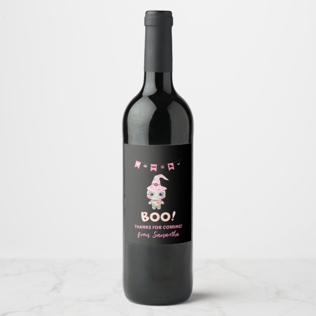 Etiqueta Para Botella De Vino "Boo" de Halloween personalizado gracias (Anverso)