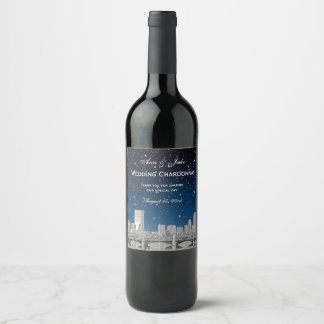 Etiqueta Para Botella De Vino Borde del Gradiente Azul Starry Etched Boston Skyl