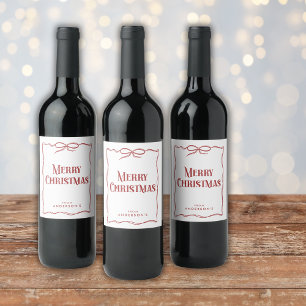 Etiqueta Para Botella De Vino Borde Ondulado Dibujado a Mano Arco Navidad Rojo