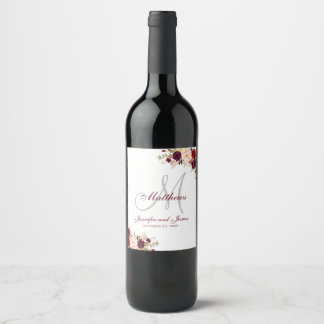 Etiqueta Para Botella De Vino Borgoña Boda de Monograma Elegante Floral