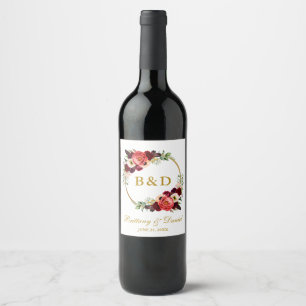 Etiqueta Para Botella De Vino Borgoña Floral Gold Boho Boda Wreath