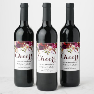 Etiqueta Para Botella De Vino Borgoña Marsala Rojo Boho Floral Chequea Boda