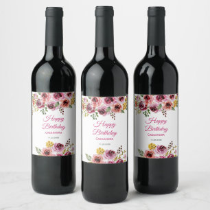 Etiqueta Para Botella De Vino Borgoña morado Rosa Rústico Cumpleaños Floral